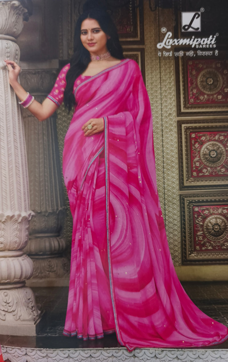Fuchsia Pink Marble Swirl Print Flowing Georgette Saree