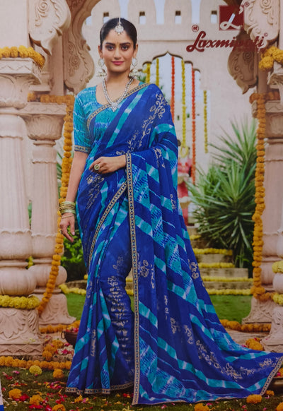 Royal Indigo Blue Gold Foil Floral Print Laxmipati Saree