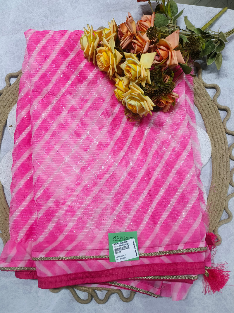 Ethereal Pink Leheriya Saree with Shimmering Sequins and Lace Work