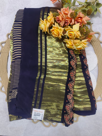 Midnight Navy Blue Silk Saree with Metallic Gold Stripes and Zari Pallu
