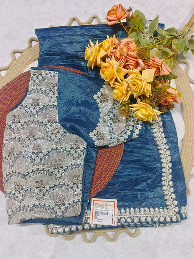 Sophisticated Slate Blue Crinkled Saree with Heavy Silver Blouse Piece