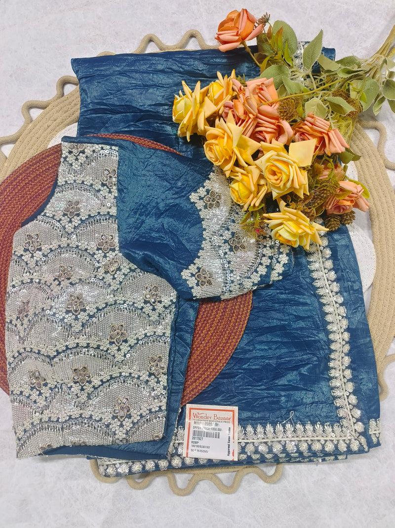 Sophisticated Slate Blue Crinkled Saree with Heavy Silver Blouse Piece