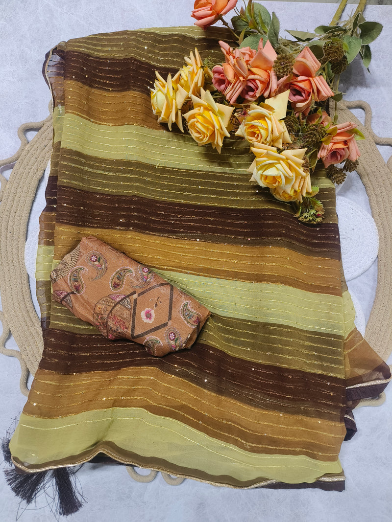 Earthy Olive and Coffee Brown Striped Georgette Saree with Paisley Blouse
