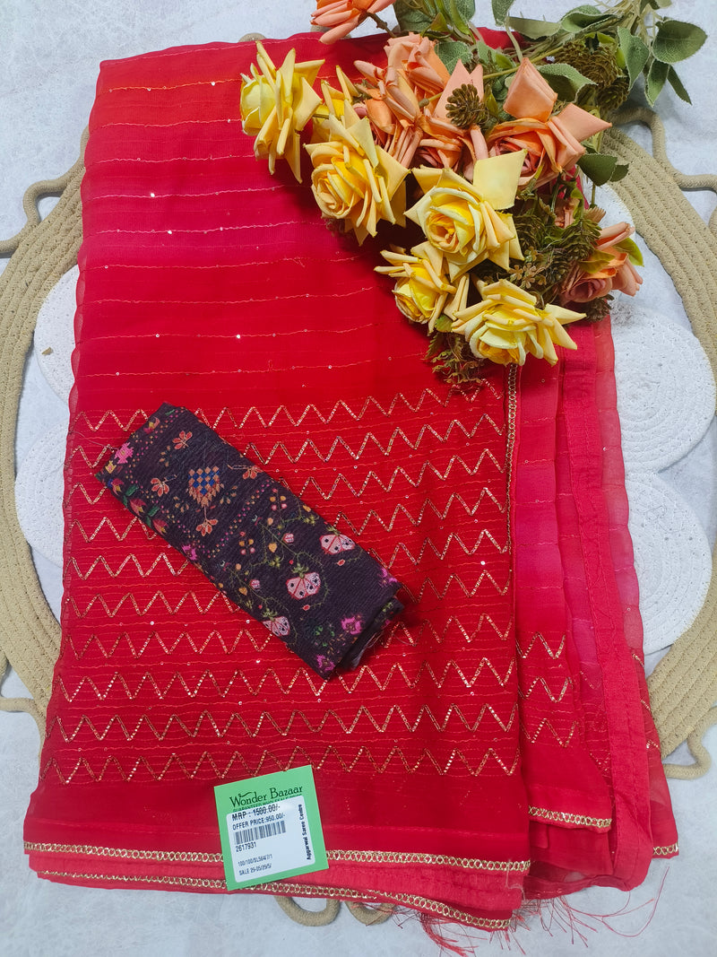 Vibrant Scarlet Red Georgette Saree with Shimmering Zigzag Sequin Work