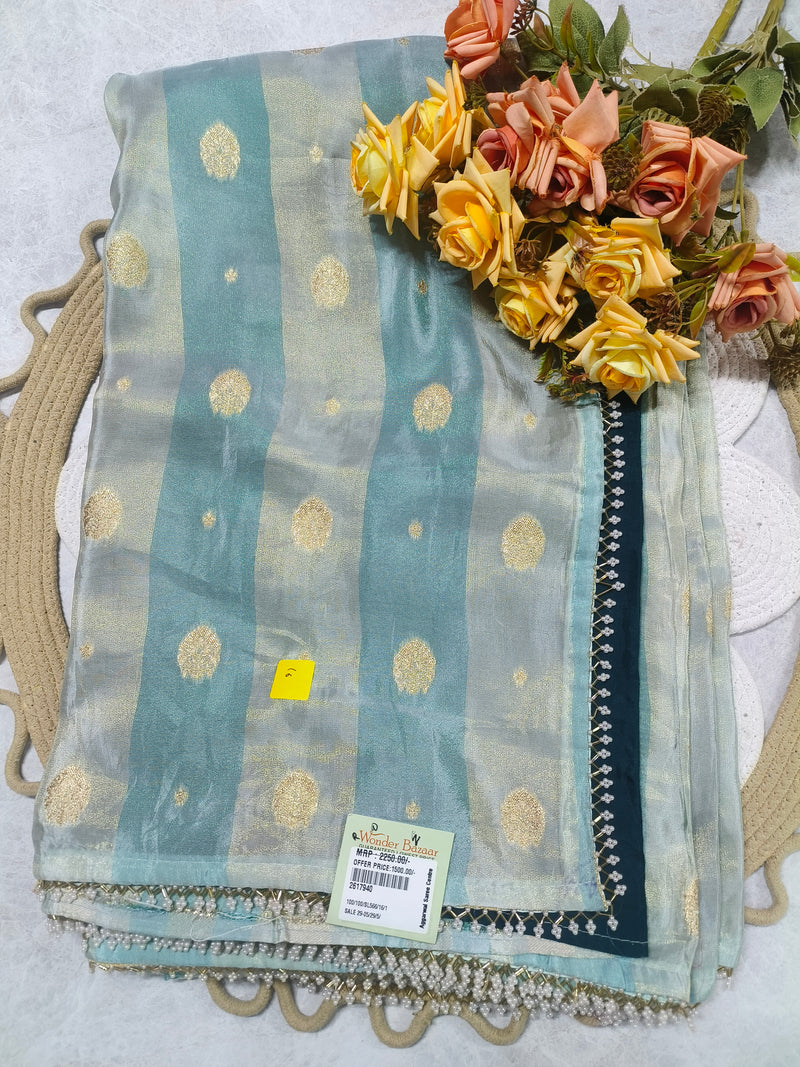 Sage Green and Gold Striped Organza Saree with Dainty Butti Work