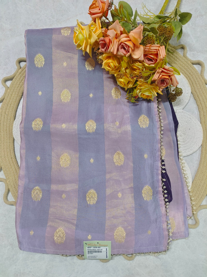 Sage Green and Gold Striped Organza Saree with Dainty Butti Work