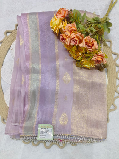 Shimmering Mauve and Silver-Grey Striped Saree with Ornate Gold Embroidery