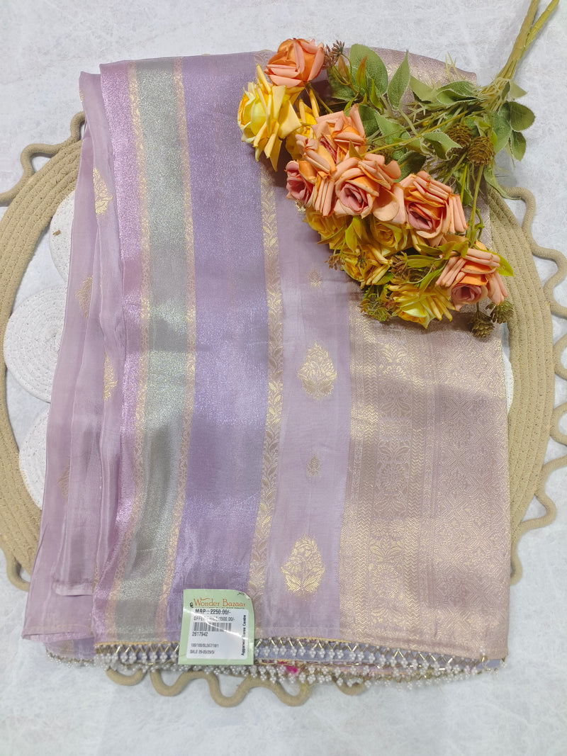 Shimmering Mauve and Silver-Grey Striped Saree with Ornate Gold Embroidery