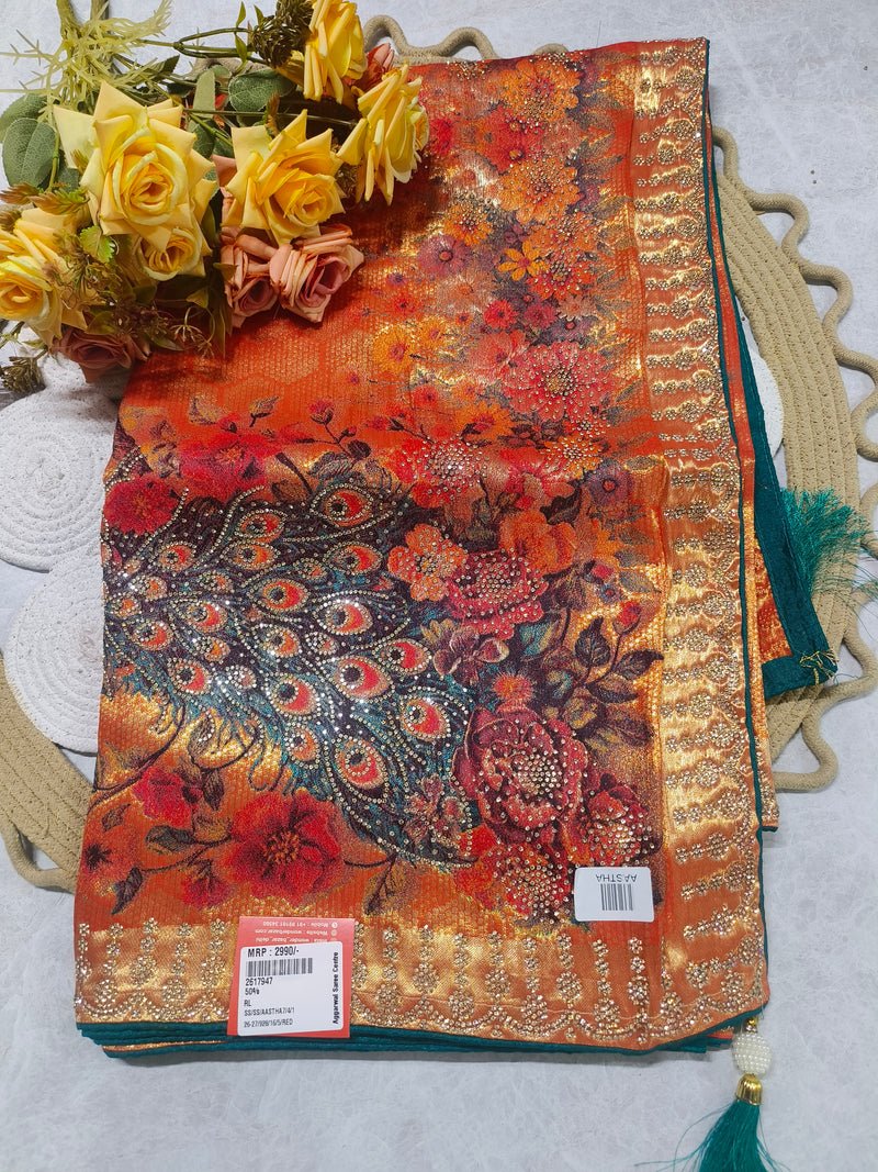 Vibrant Mustard Yellow Digital Print Peacock Saree with Heavy Stonework