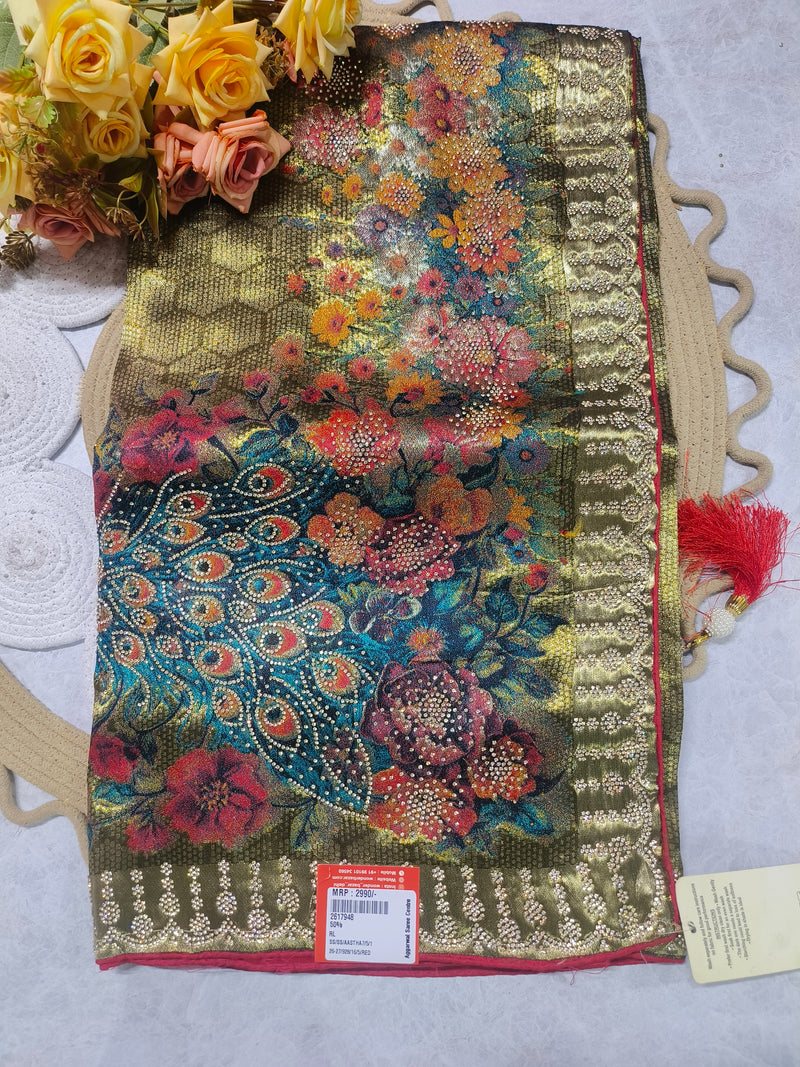 Vibrant Mustard Yellow Digital Print Peacock Saree with Heavy Stonework