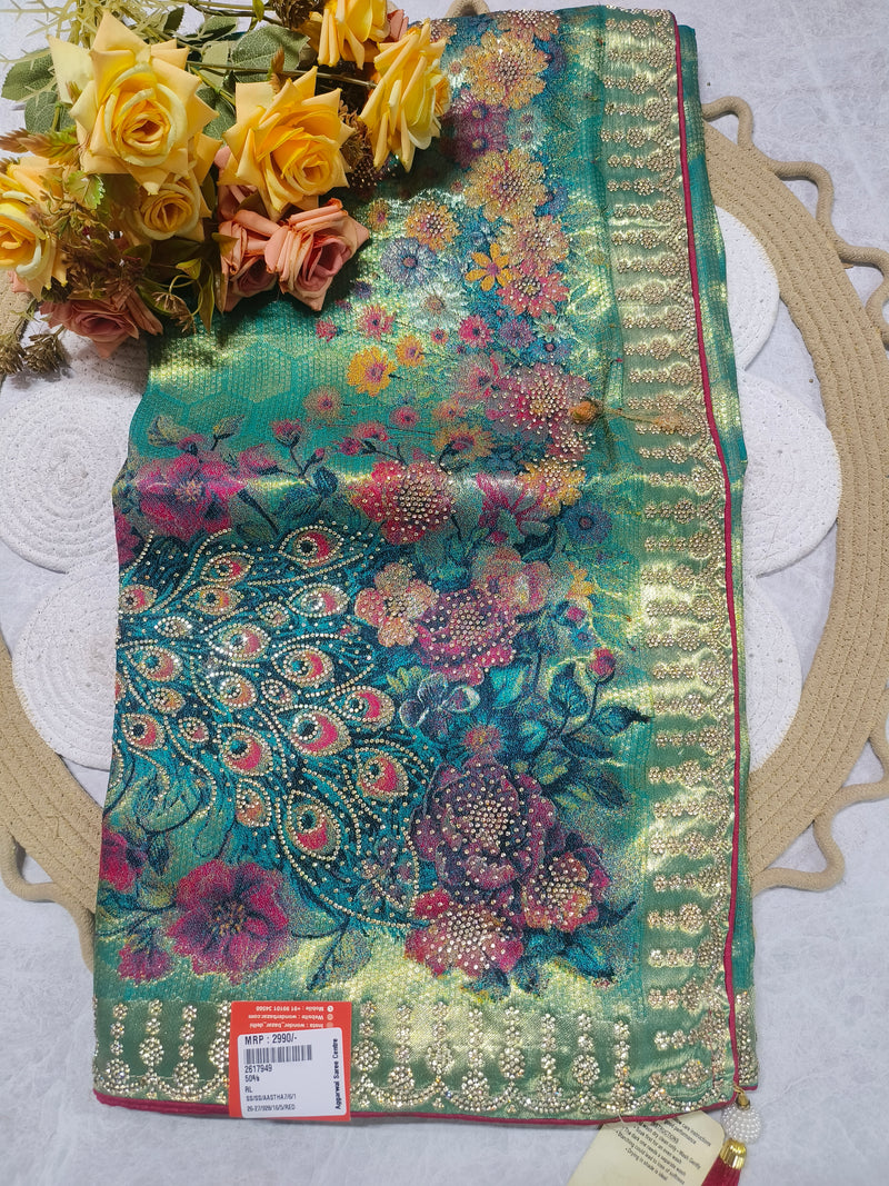 Vibrant Mustard Yellow Digital Print Peacock Saree with Heavy Stonework