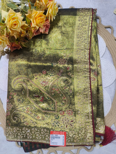 Regal Olive Green Shimmer Saree with Bold Paisley Stone Work
