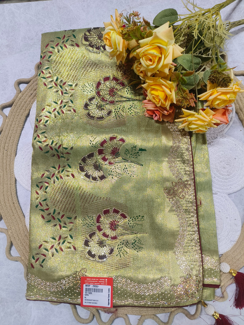 Sophisticated Pista Green Shimmer Saree with Floral Vine Stone Work