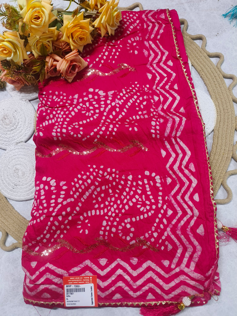 Vibrant Rani Pink Bandhani Saree with Gota Patti Border and Sequins