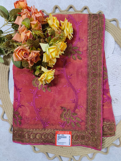 Coral Red Embellished Floral Fancy Saree