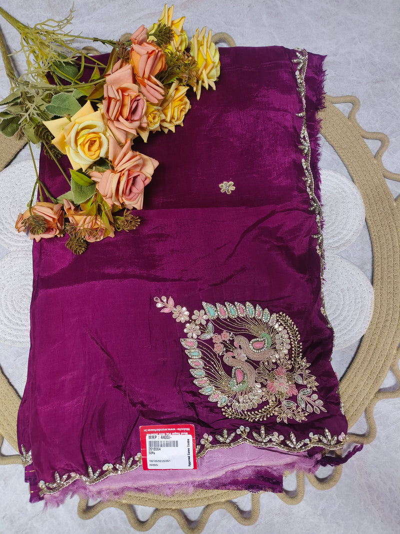 Stunning Royal Purple Embroidered Saree with Peacock Motif