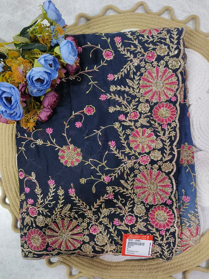 Midnight Blue Chiffon Saree with Heavy Pink Floral Zardosi Embroidery