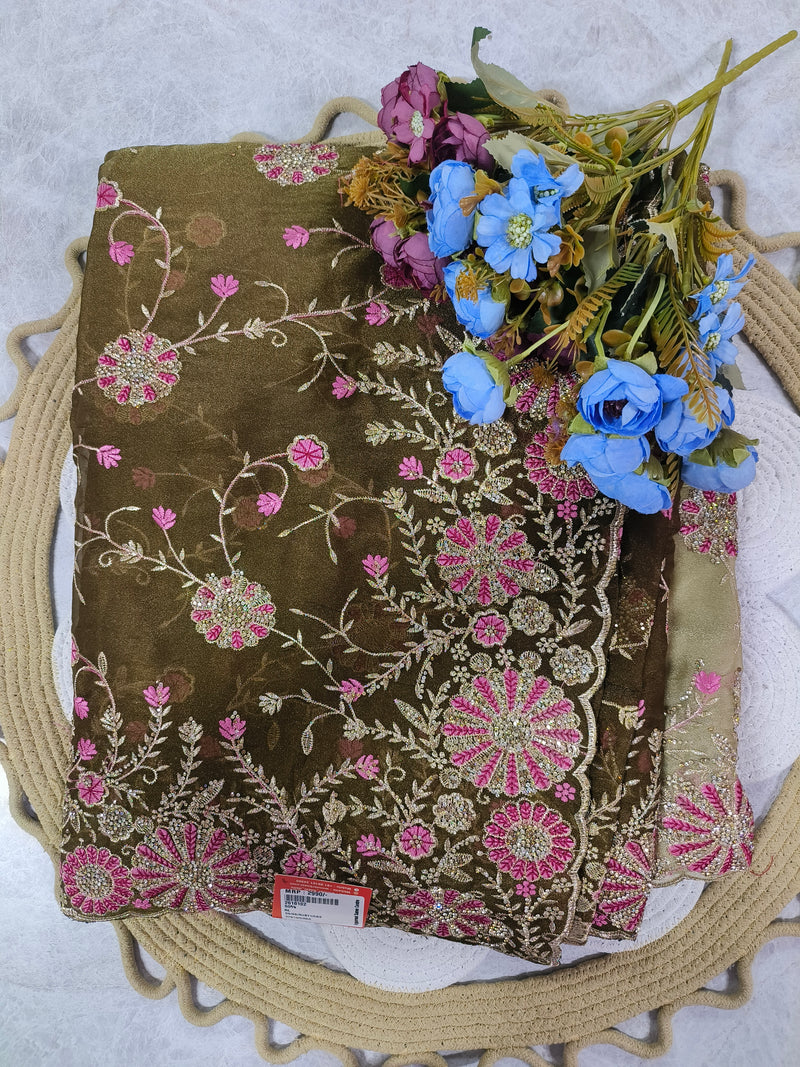 Midnight Blue Chiffon Saree with Heavy Pink Floral Zardosi Embroidery