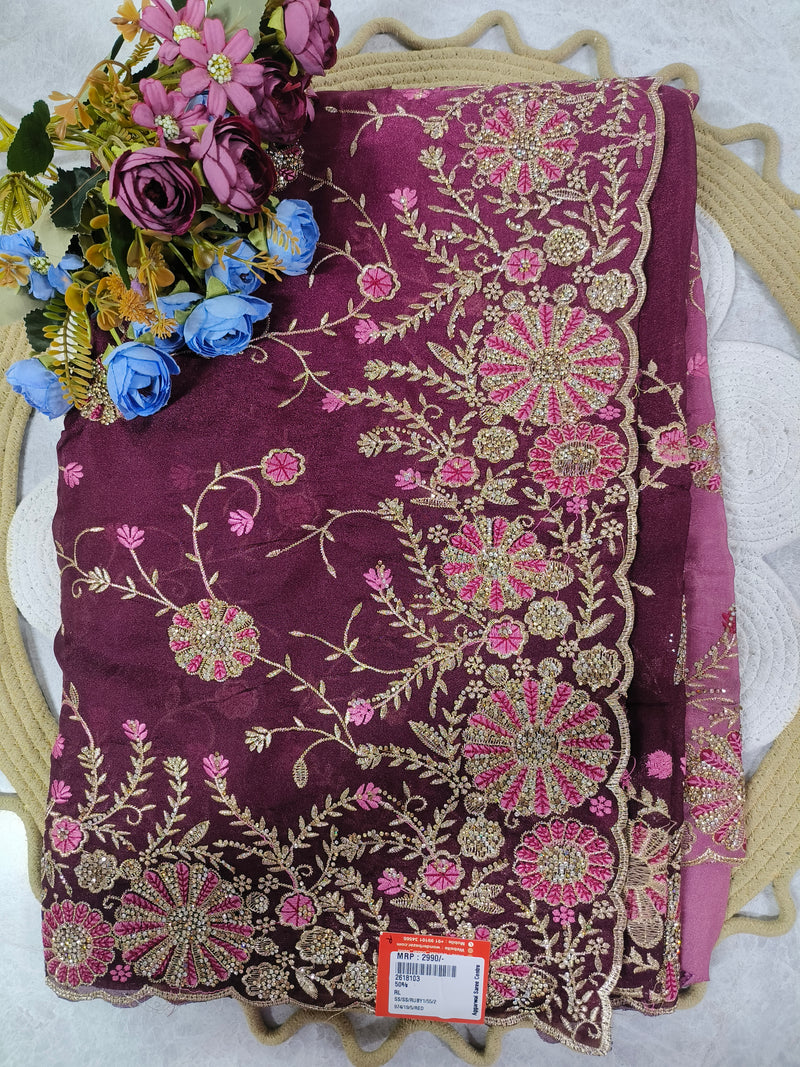 Midnight Blue Chiffon Saree with Heavy Pink Floral Zardosi Embroidery