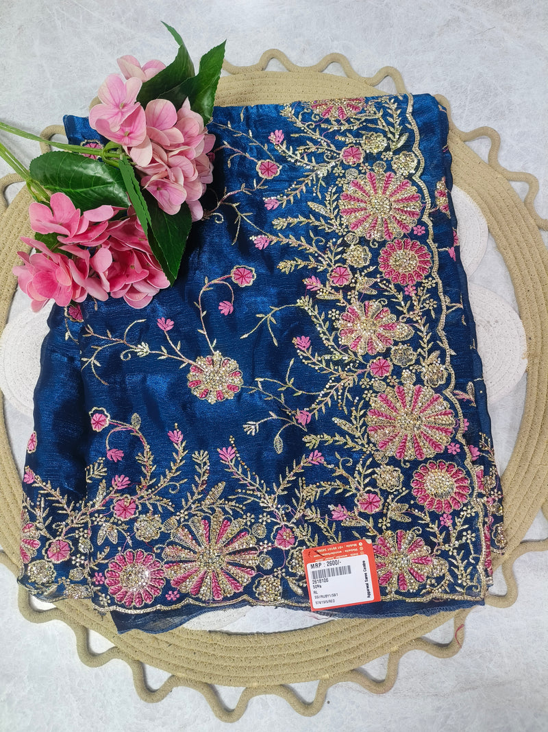 Royal Blue Floral Embroidered Fancy Saree with Shimmering Detail