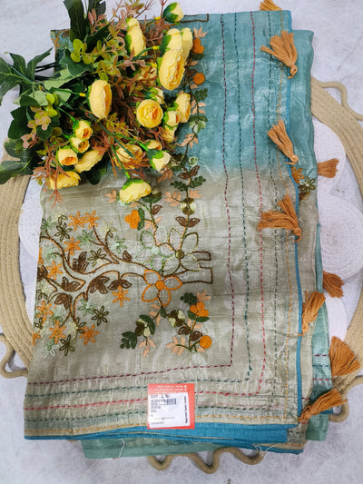 Floral Embroidered Sage Green Fancy Saree with Tassels