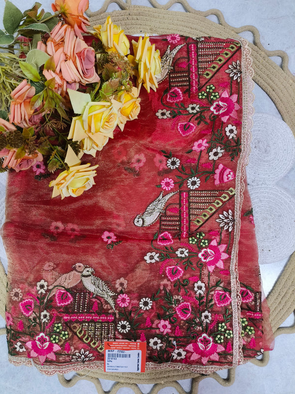 Charming Red Floral Embroidered Fancy Saree