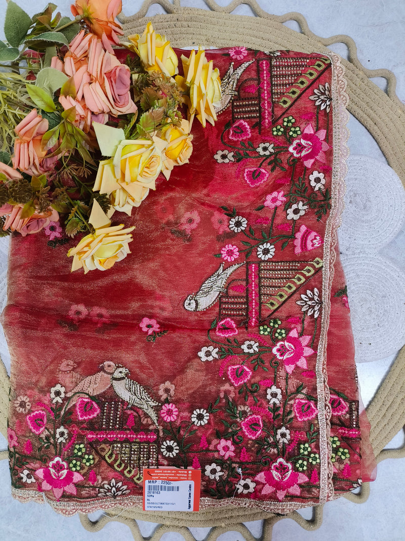 Charming Red Floral Embroidered Fancy Saree
