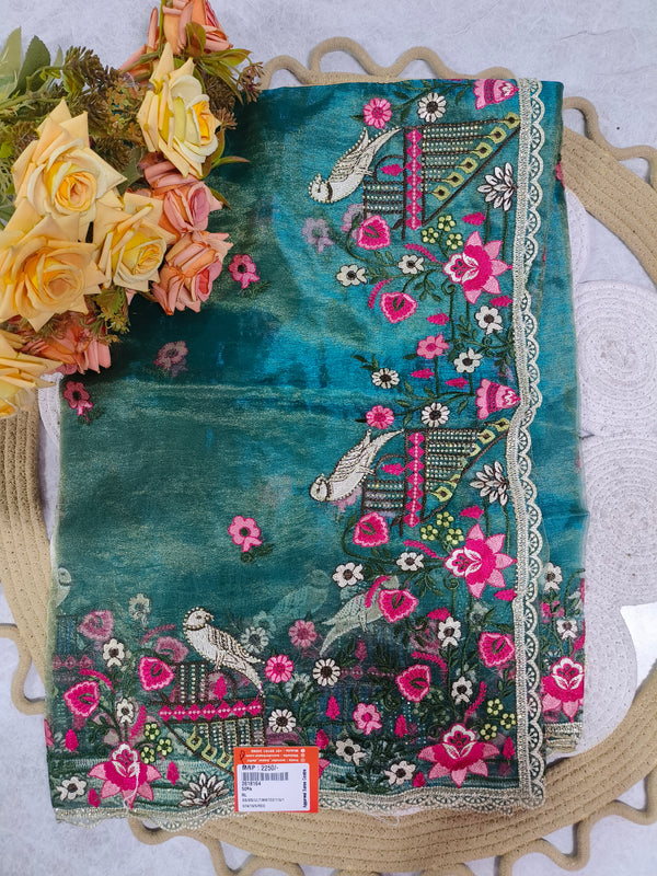 Charming Red Floral Embroidered Fancy Saree