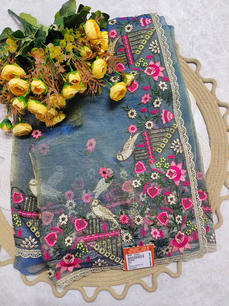 Royal Blue Floral Embroidered Fancy Net Saree