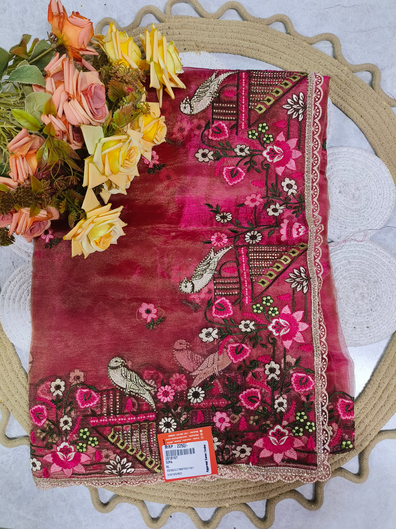 Charming Red Floral Embroidered Fancy Saree