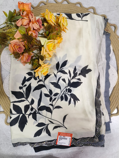 Elegant Black and White Floral Print Fancy Saree