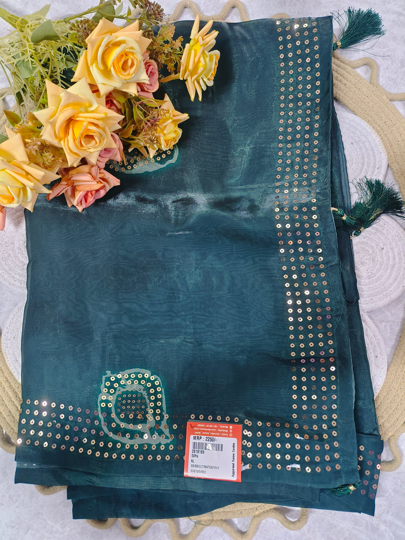 Shimmering Teal Blue Georgette Saree with Gold Sequin Border