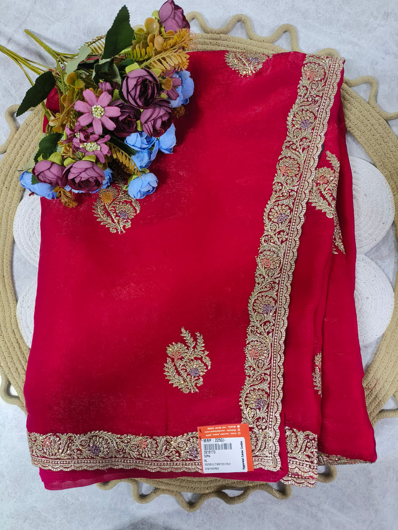 Radiant Ruby Red Silk Saree with Intricate Gold Zari Border
