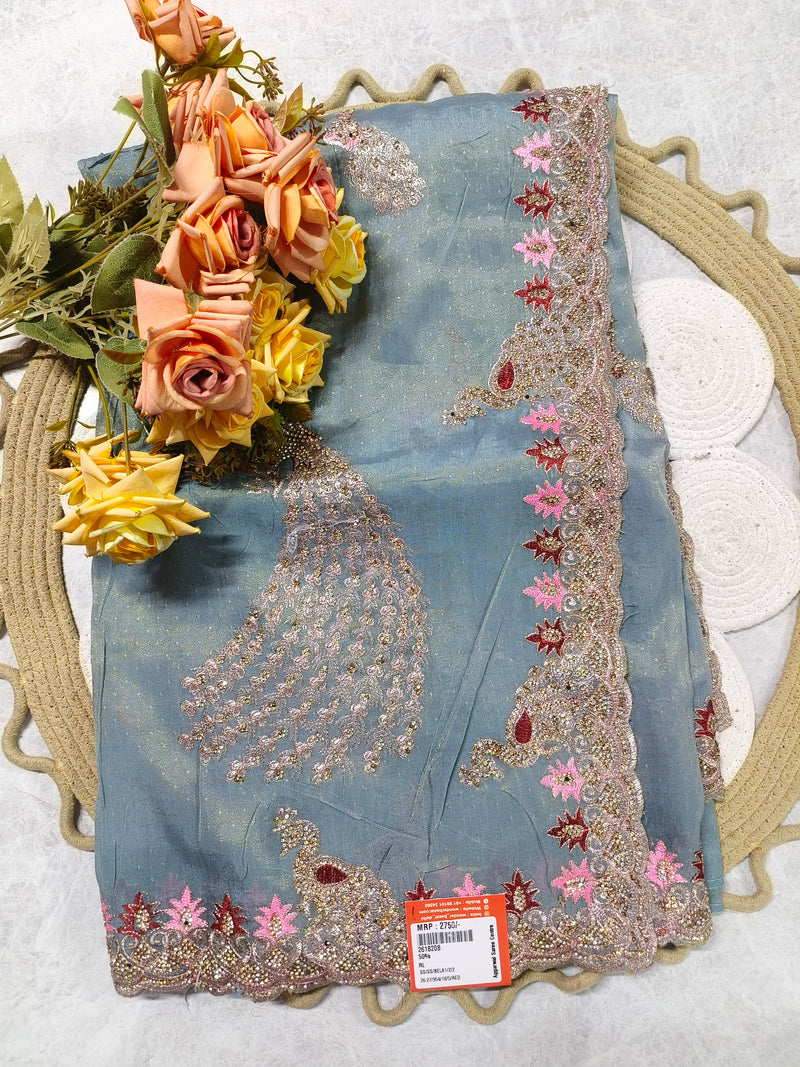 Elegant Dusty Rose Embellished Ethnic Saree with Peacock Motif