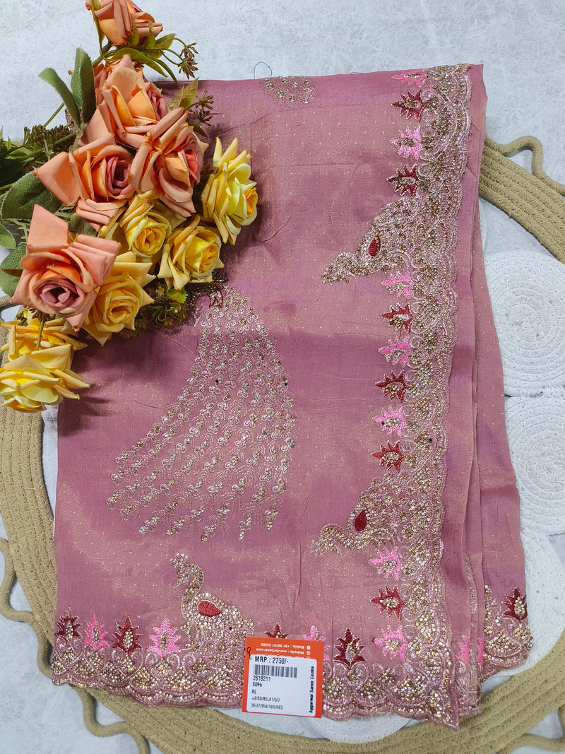 Elegant Dusty Rose Embellished Ethnic Saree with Peacock Motif