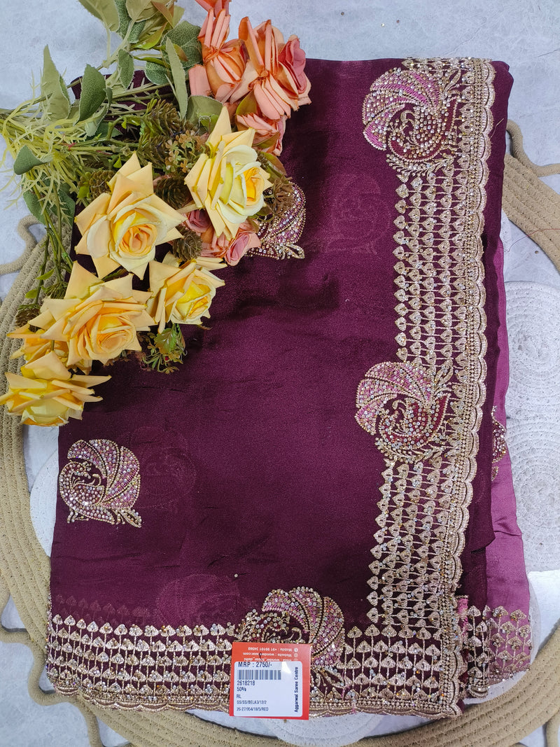 Ravishing Plum Embellished Designer Saree with Golden Borders