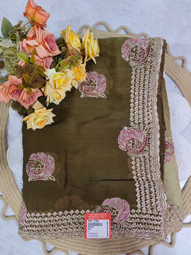 Ravishing Plum Embellished Designer Saree with Golden Borders