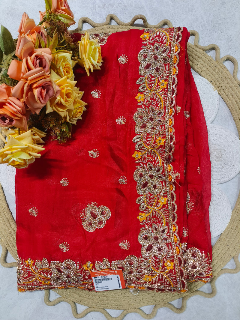 Radiant Red Designer Embellished Saree with Golden Zari Border