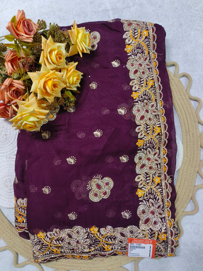 Radiant Red Designer Embellished Saree with Golden Zari Border