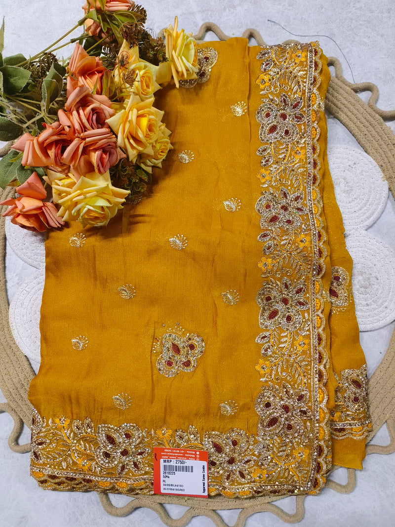 Radiant Red Designer Embellished Saree with Golden Zari Border