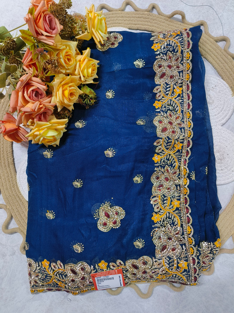 Radiant Red Designer Embellished Saree with Golden Zari Border