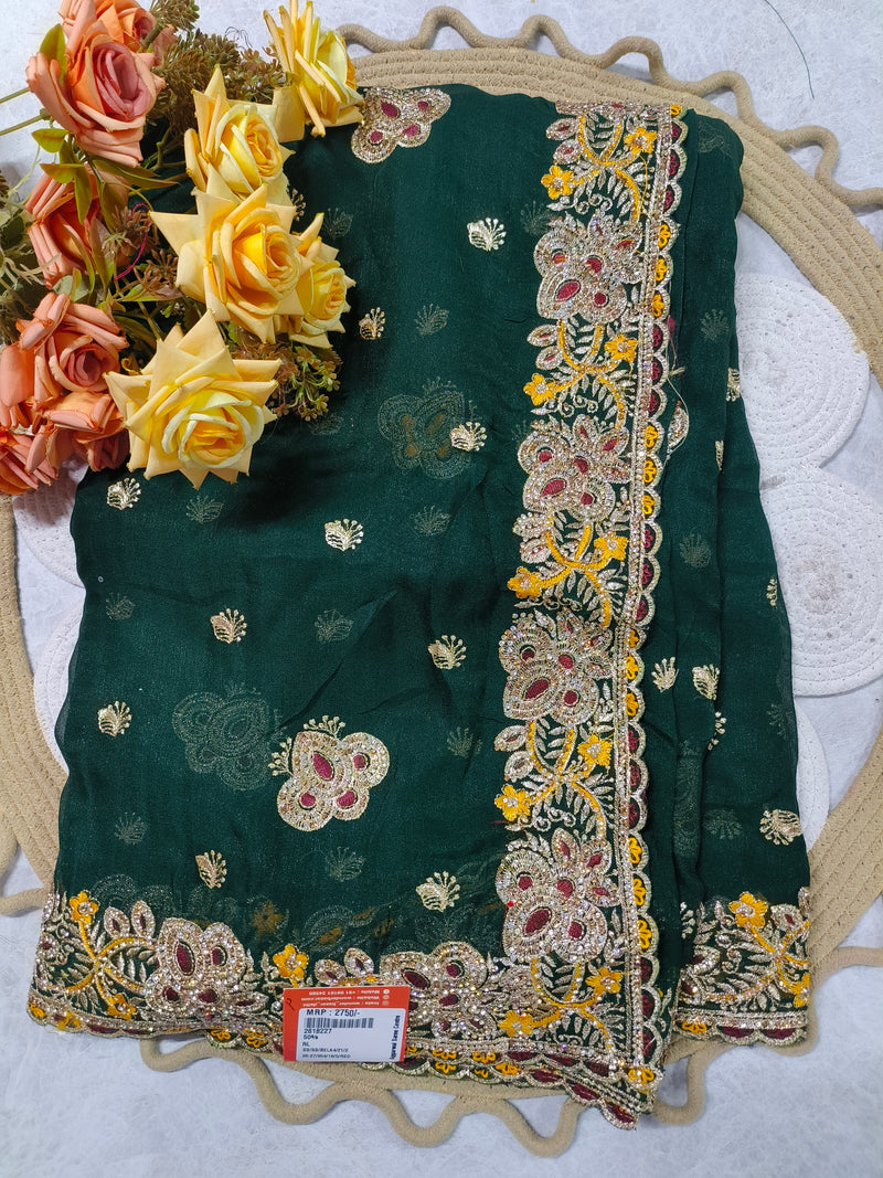 Radiant Red Designer Embellished Saree with Golden Zari Border