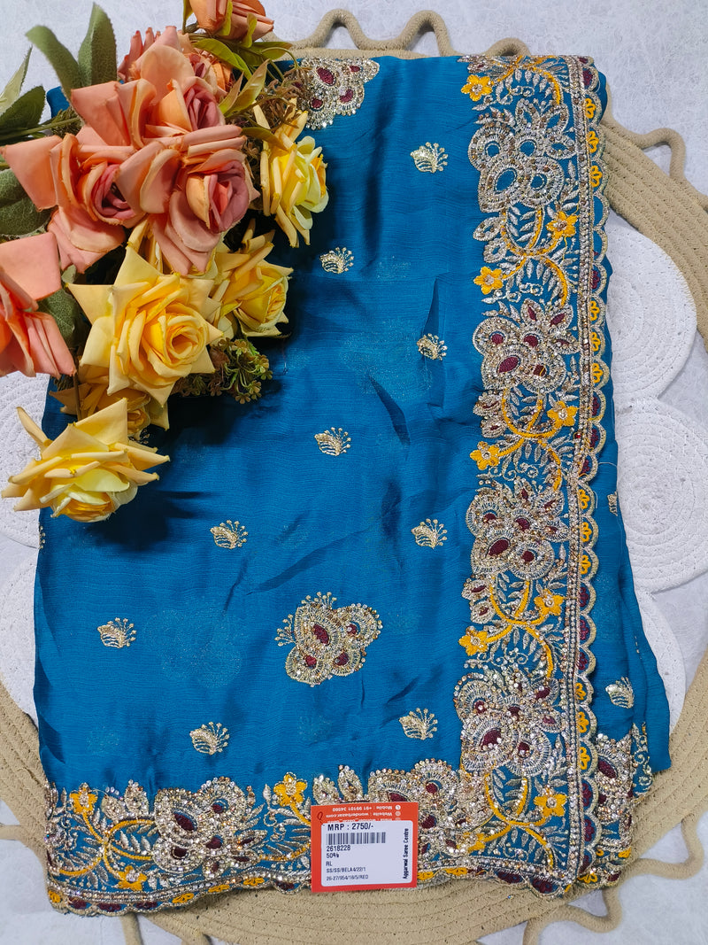 Radiant Red Designer Embellished Saree with Golden Zari Border