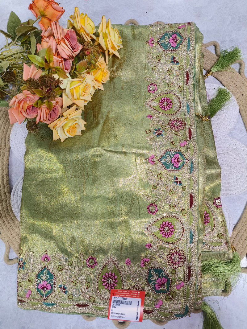 Olive Green Floral Fancy Saree with Heavy Gold Border