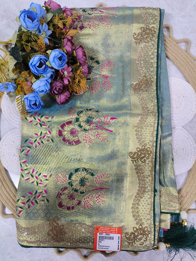 Shimmering Silver-Blue Lurex Saree with Pastel Floral Embroidery