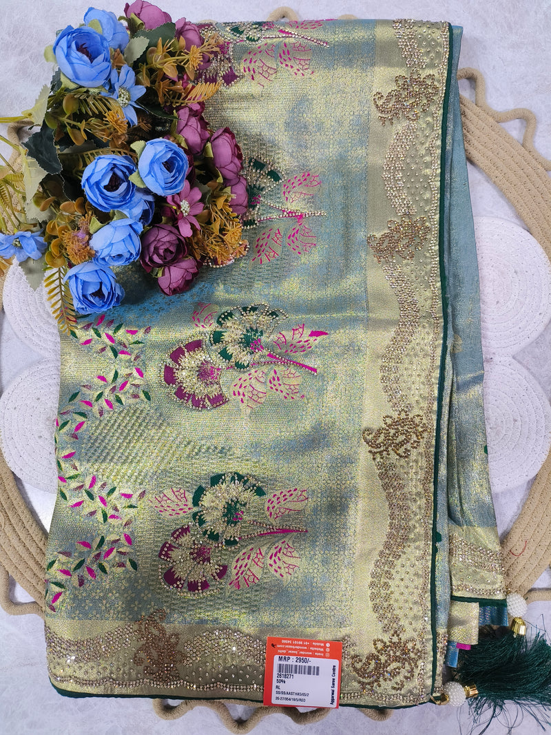 Shimmering Silver-Blue Lurex Saree with Pastel Floral Embroidery