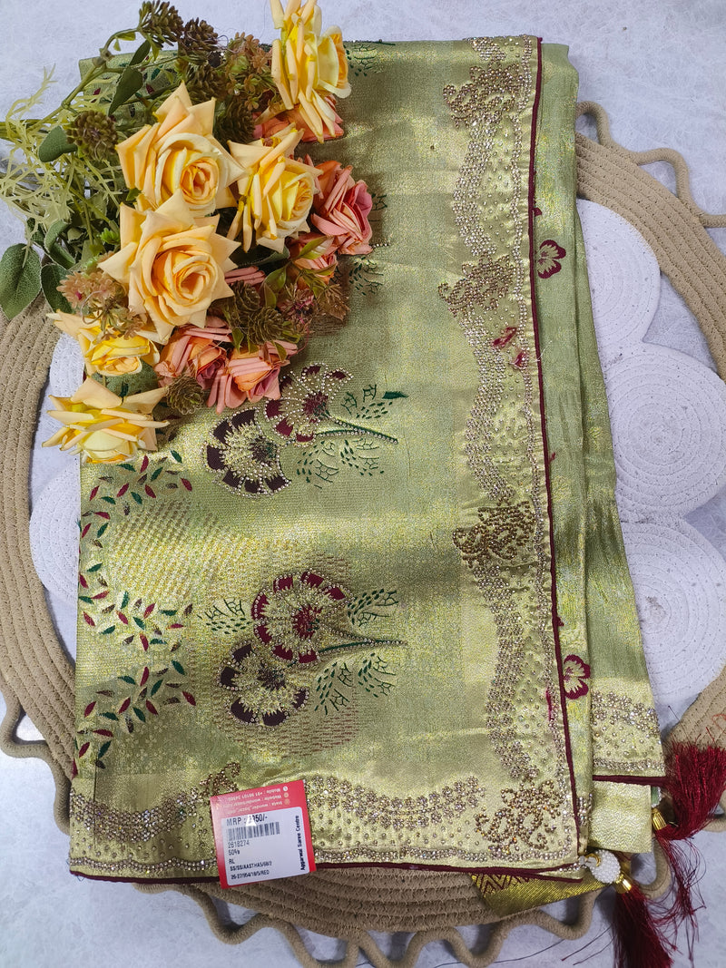 Shimmering Silver-Blue Lurex Saree with Pastel Floral Embroidery