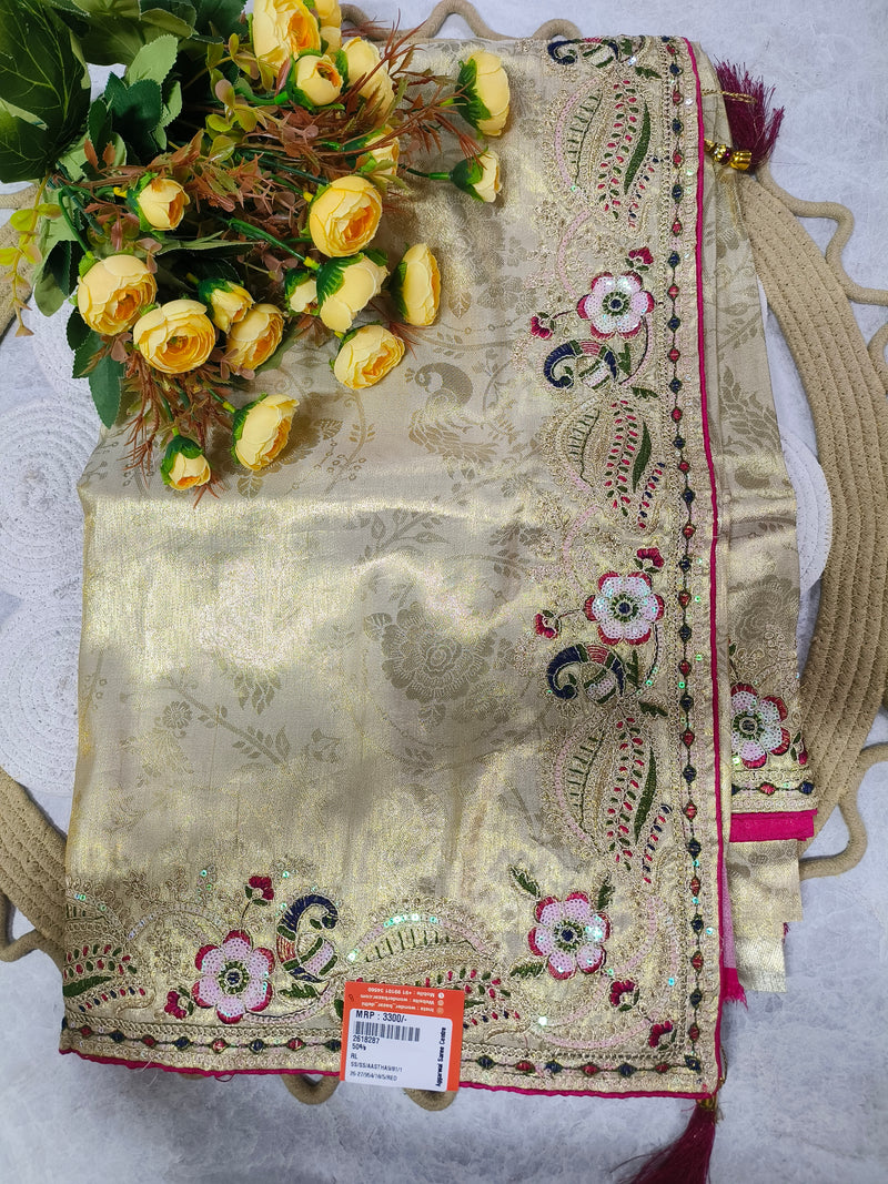 Regal Golden Beige Embroidered Floral Saree