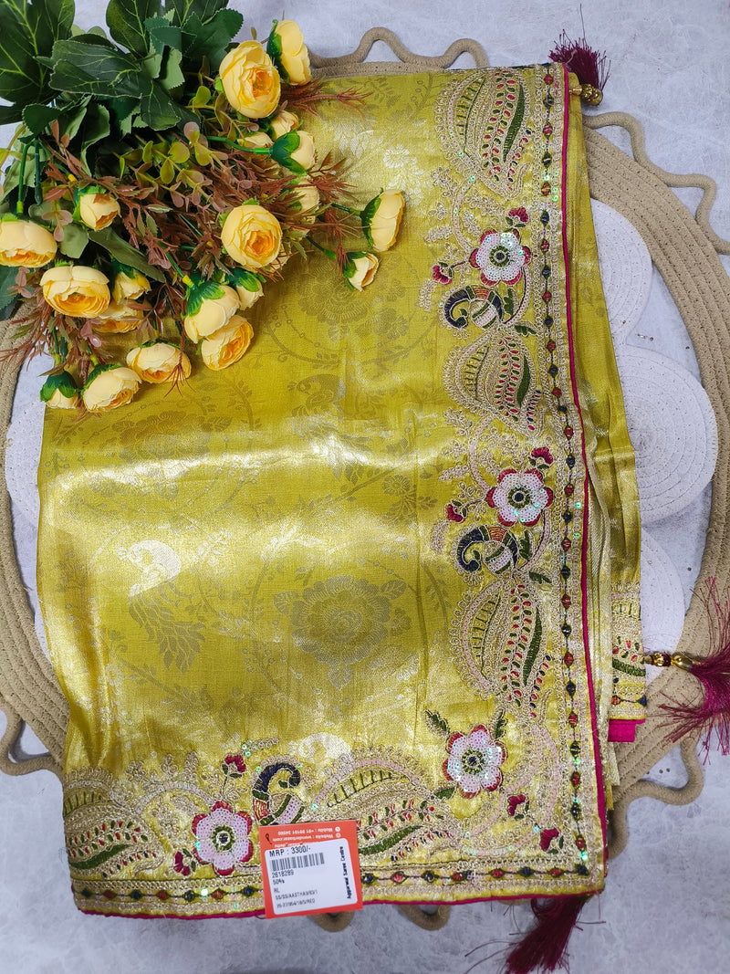 Regal Golden Beige Embroidered Floral Saree