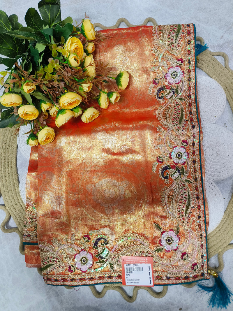 Regal Golden Beige Embroidered Floral Saree